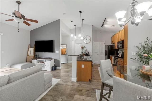 27 Kassebaum Ln Unit 302, Mehlville, MO 63129 - living area featuring lofted ceiling, wood finished floors, a ceiling fan, a chandelier, and track lighting