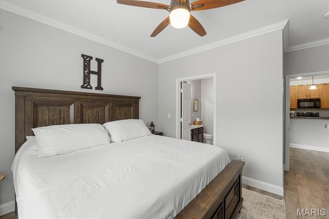 27 Kassebaum Ln Unit 302, Mehlville, MO 63129 - bedroom featuring ornamental molding, light wood-style flooring, ceiling fan, and connected bathroom