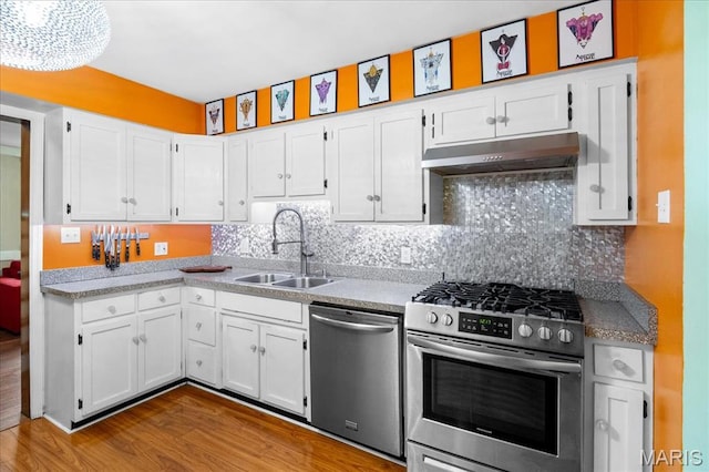 1239 Vero Ln, Ellisville, MO 63011 - kitchen featuring appliances with stainless steel finishes, under cabinet range hood, dark wood finished floors, white cabinets, and decorative backsplash