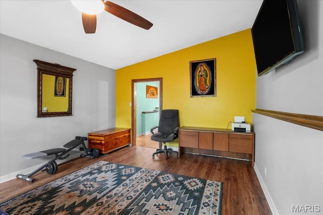 1239 Vero Ln, Ellisville, MO 63011 - home office featuring vaulted ceiling, a ceiling fan, and dark wood-style floors
