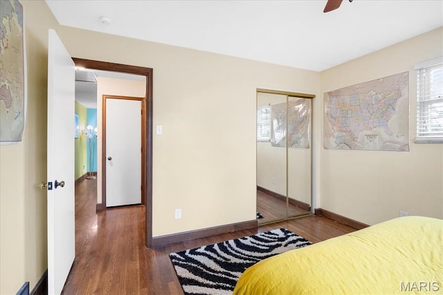 1239 Vero Ln, Ellisville, MO 63011 - bedroom featuring wood finished floors, a closet, and a ceiling fan