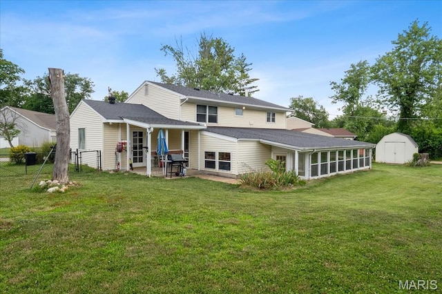 1239 Vero Ln, Ellisville, MO 63011 - back of property with a storage shed, a patio, and a sunroom