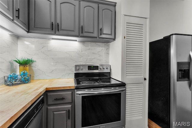 713 W Adams St, Jackson, MO 63755 - kitchen featuring stainless steel appliances, wood counters, gray cabinetry, and decorative backsplash