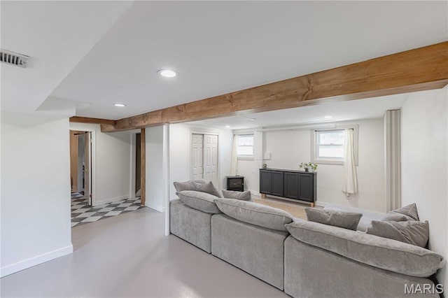 3712 Gail Dr, Imperial, MO 63052 - living room with recessed lighting, concrete flooring, and beam ceiling
