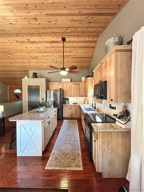 5156 Mccallister Rd, Gerald, MO 63037 - kitchen with black appliances, light brown cabinets, wood ceiling, vaulted ceiling, and a center island