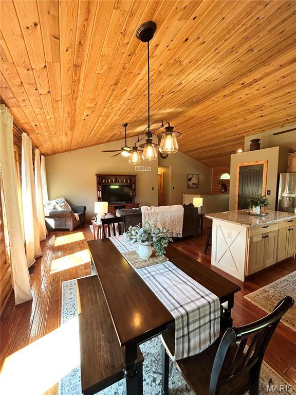 5156 Mccallister Rd, Gerald, MO 63037 - dining space featuring ceiling fan, wood ceiling, dark wood-type flooring, and lofted ceiling