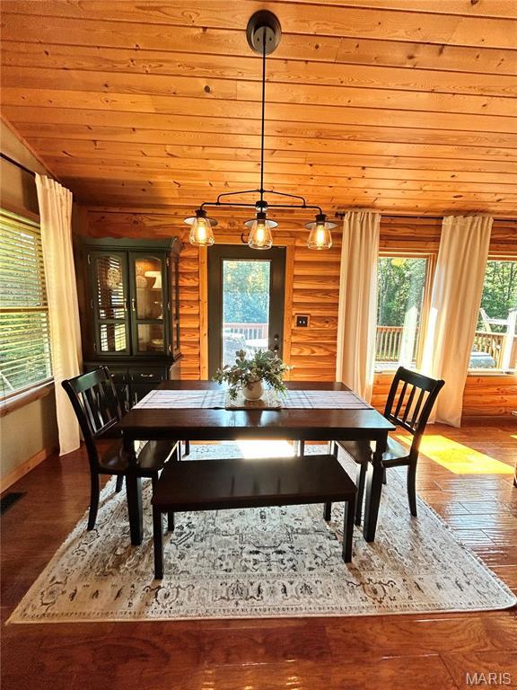 5156 Mccallister Rd, Gerald, MO 63037 - dining room featuring wooden ceiling and wood finished floors