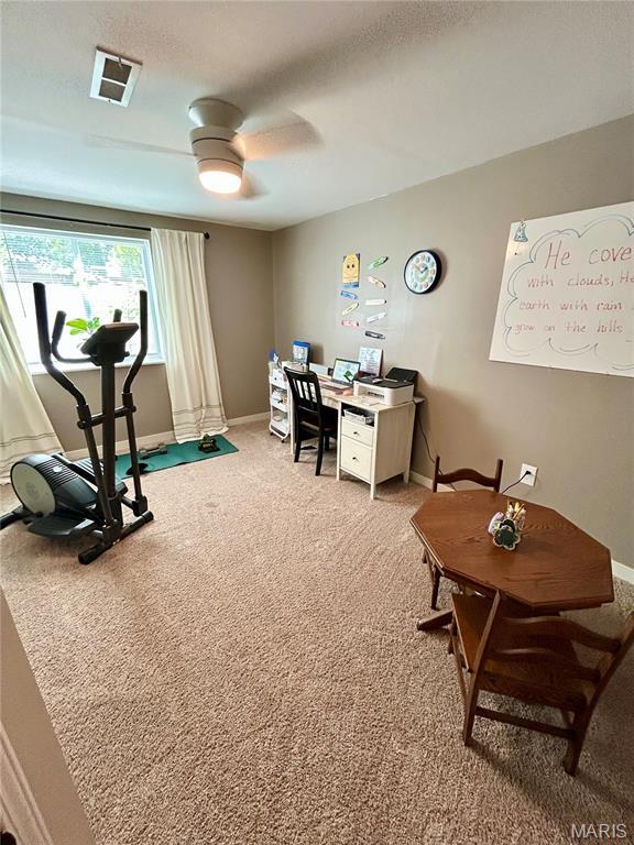 5156 Mccallister Rd, Gerald, MO 63037 - office featuring light carpet and a ceiling fan