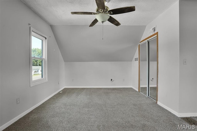 111 N Duncan St, Marine, IL 62061 - additional living space featuring vaulted ceiling, a textured ceiling, ceiling fan, and carpet