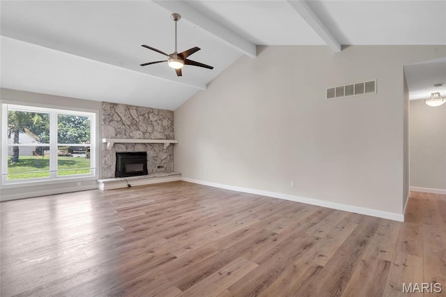 904 Ampere Pl, Lake St Louis, MO 63367 - unfurnished living room with ceiling fan, light wood-style flooring, and a fireplace