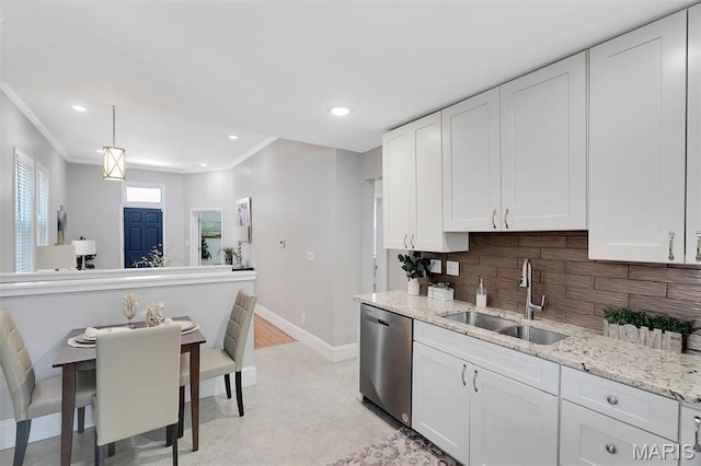 3253 Walter Ave, Maplewood, MO 63143 - kitchen featuring dishwasher, tasteful backsplash, white cabinetry, ornamental molding, and recessed lighting