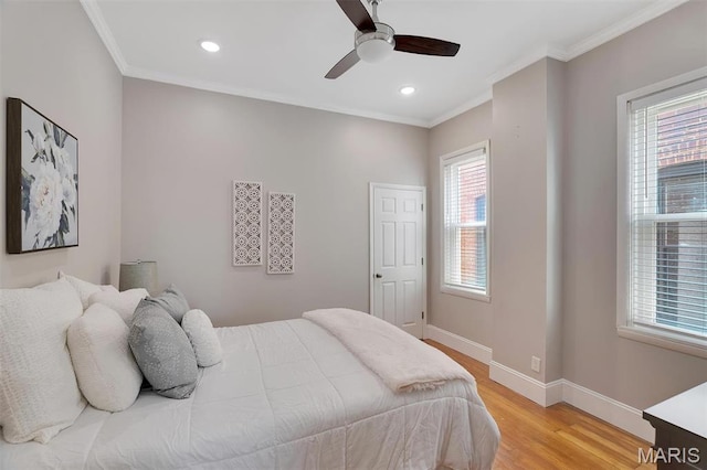 3253 Walter Ave, Maplewood, MO 63143 - bedroom with light wood finished floors, ornamental molding, recessed lighting, and ceiling fan