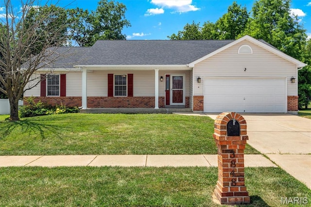 3848 Bedford Pointe Dr, Wentzville, MO 63385 - ranch-style house featuring brick siding, concrete driveway, a front lawn, and an attached garage