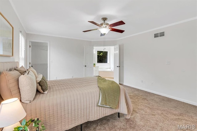 3848 Bedford Pointe Dr, Wentzville, MO 63385 - bedroom with carpet flooring, ensuite bathroom, crown molding, a spacious closet, and a ceiling fan
