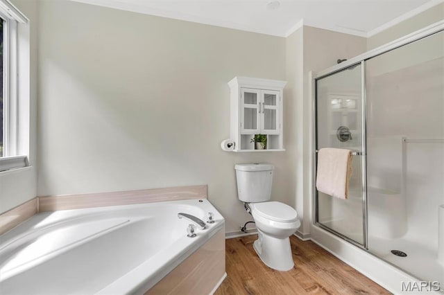3848 Bedford Pointe Dr, Wentzville, MO 63385 - full bath with a bath, a stall shower, wood finished floors, and ornamental molding