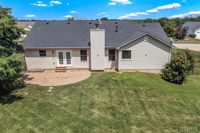 3848 Bedford Pointe Dr, Wentzville, MO 63385 - rear view of property with french doors, a chimney, a patio area, and a shingled roof