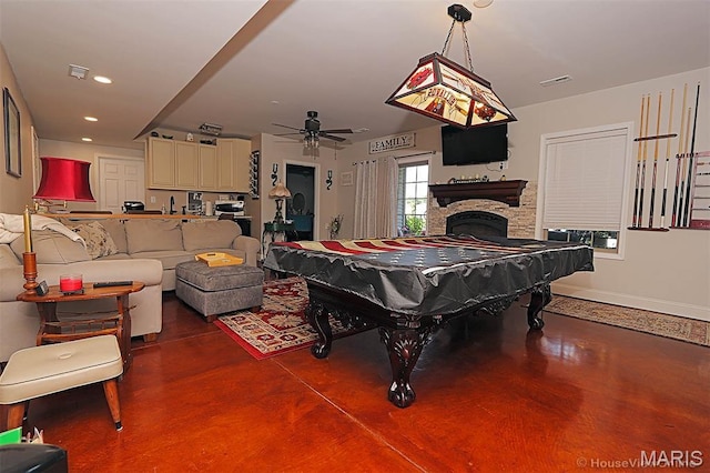 3576 Mill View Xing, Cape Girardeau, MO 63701 - recreation room with finished concrete flooring, ceiling fan, billiards, a stone fireplace, and recessed lighting