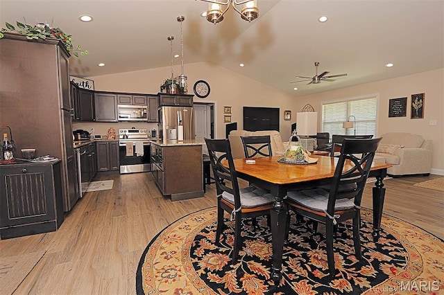 3576 Mill View Xing, Cape Girardeau, MO 63701 - dining space with vaulted ceiling, light wood-type flooring, ceiling fan, a chandelier, and recessed lighting