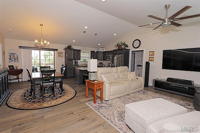 3576 Mill View Xing, Cape Girardeau, MO 63701 - living area with ceiling fan, vaulted ceiling, light wood finished floors, a chandelier, and recessed lighting