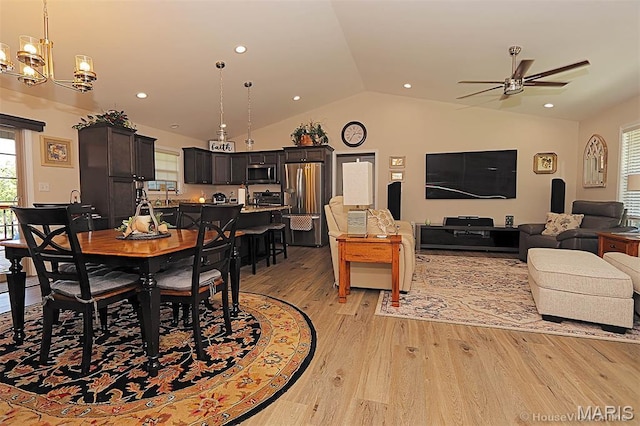 3576 Mill View Xing, Cape Girardeau, MO 63701 - dining space featuring lofted ceiling, light wood-type flooring, a chandelier, a ceiling fan, and recessed lighting