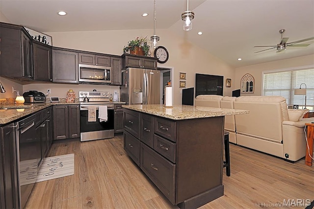3576 Mill View Xing, Cape Girardeau, MO 63701 - kitchen featuring stainless steel appliances, open floor plan, light wood finished floors, ceiling fan, and high vaulted ceiling