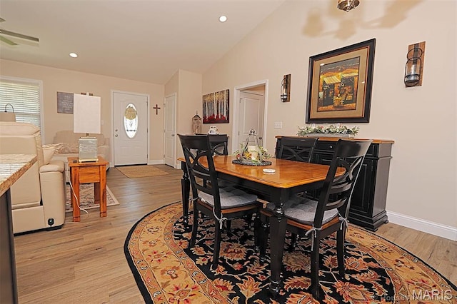 3576 Mill View Xing, Cape Girardeau, MO 63701 - dining area featuring vaulted ceiling, light wood-style floors, recessed lighting, and ceiling fan