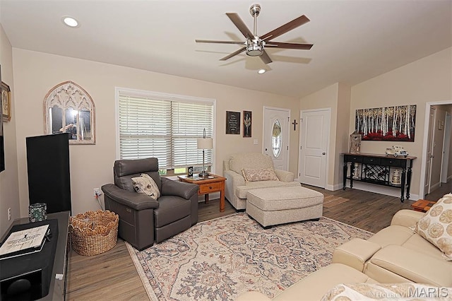 3576 Mill View Xing, Cape Girardeau, MO 63701 - living area featuring wood finished floors, a ceiling fan, lofted ceiling, and recessed lighting