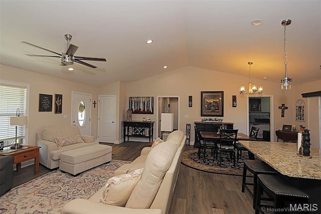 3576 Mill View Xing, Cape Girardeau, MO 63701 - living room with vaulted ceiling, dark wood-type flooring, a chandelier, a ceiling fan, and recessed lighting
