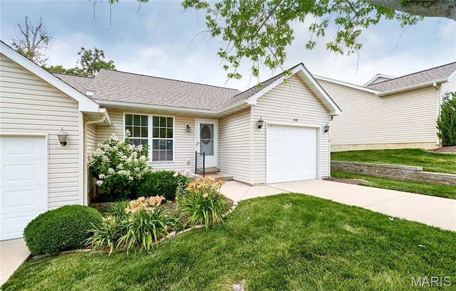 108 Fort Worth Way, Wright City, MO 63390 - ranch-style home featuring a garage, driveway, a front lawn, and a shingled roof