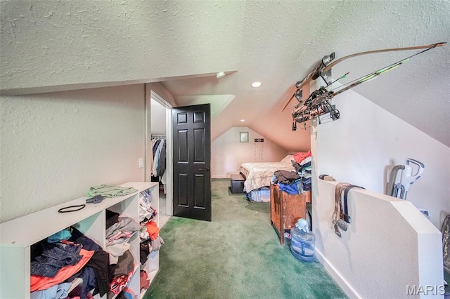 110 S Oak St, Rolla, MO 65401 - carpeted bedroom with a textured ceiling, vaulted ceiling, and recessed lighting