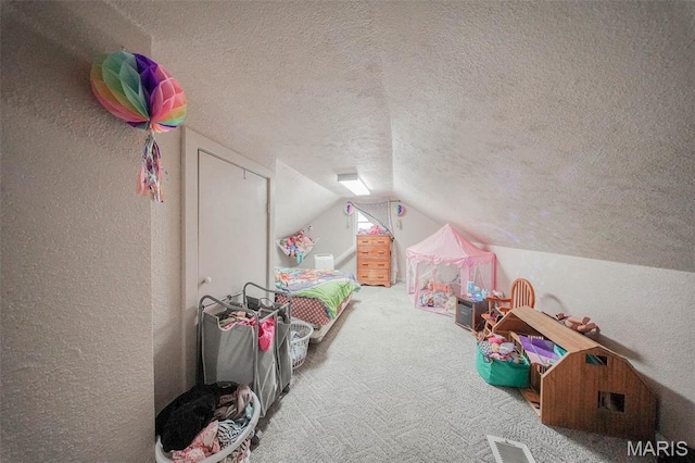 110 S Oak St, Rolla, MO 65401 - playroom with a textured wall, carpet floors, lofted ceiling, and a textured ceiling
