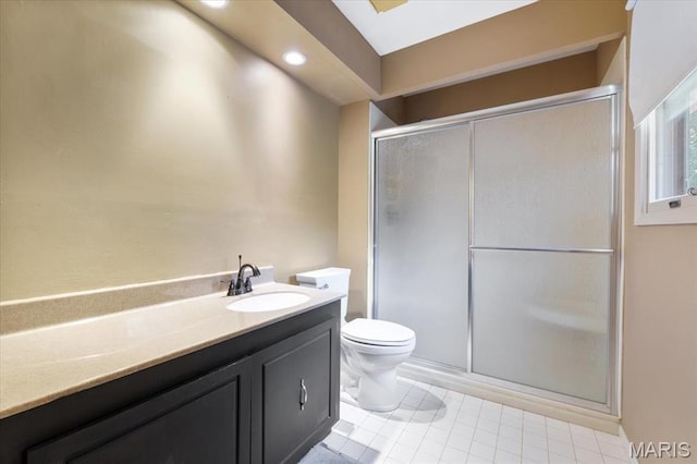 15693 Dresden Lake Ct, Chesterfield, MO 63017 - full bath with a stall shower, vanity, tile patterned floors, and recessed lighting