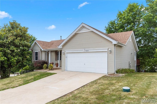 4632 Greenore Dr, High Ridge, MO 63049 - ranch-style house with an attached garage, concrete driveway, a shingled roof, and a front lawn