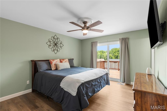 4632 Greenore Dr, High Ridge, MO 63049 - bedroom with access to outside, wood finished floors, and a ceiling fan