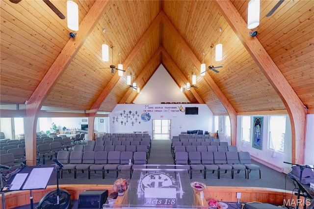 4869 Scottsdale Rd, House Springs, MO 63051 - carpeted living area with a wood ceiling with exposed beams and high vaulted ceiling
