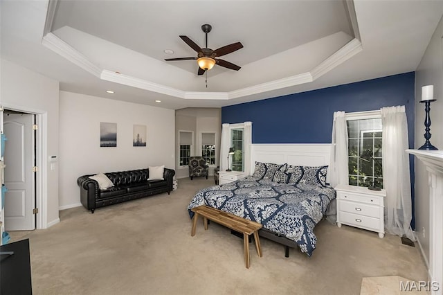 2314 Longest Dr, Wentzville, MO 63385 - carpeted bedroom with a raised ceiling, ornamental molding, a ceiling fan, and recessed lighting