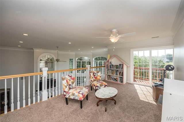 2314 Longest Dr, Wentzville, MO 63385 - living area featuring ceiling fan, carpet floors, ornamental molding, and recessed lighting
