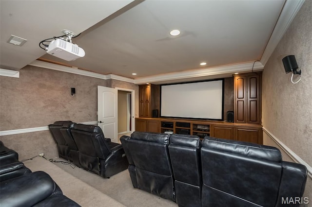 2314 Longest Dr, Wentzville, MO 63385 - cinema room featuring light colored carpet, crown molding, a textured wall, and recessed lighting
