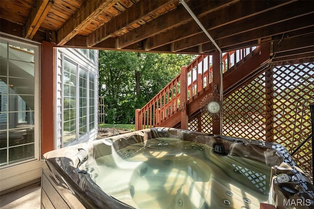 2314 Longest Dr, Wentzville, MO 63385 - wooden terrace with a hot tub and stairs