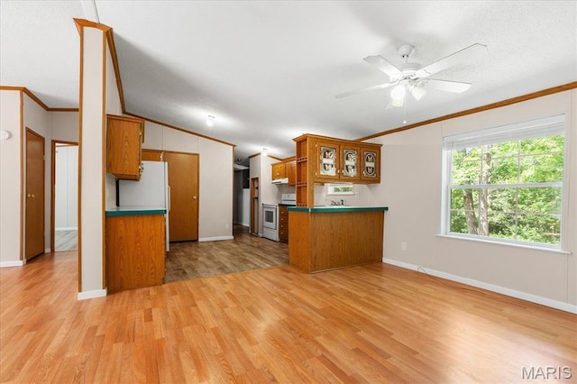 434 Cool Springs Ln, Wright City, MO 63390 - kitchen with white appliances, brown cabinets, vaulted ceiling, light wood-style floors, and crown molding