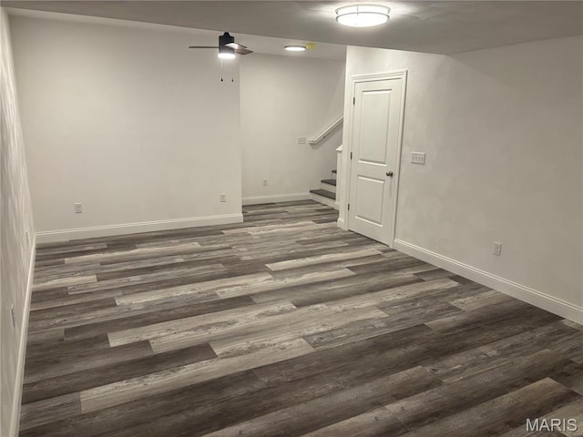 314 Captains Ct, Grafton, IL 62037 - basement featuring dark wood-style floors, stairway, and ceiling fan