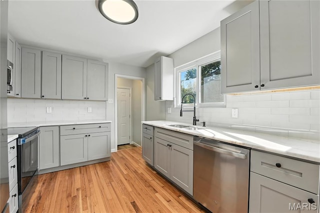 100 Toelle Dr, Saint Charles, MO 63304 - kitchen featuring appliances with stainless steel finishes, gray cabinets, light wood finished floors, and backsplash