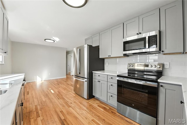 100 Toelle Dr, Saint Charles, MO 63304 - kitchen featuring stainless steel appliances, gray cabinets, tasteful backsplash, and light wood-type flooring