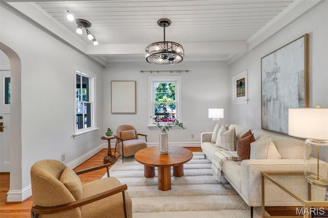 2733 Hermitage Ave, Saint Louis, MO 63143 - living area featuring light wood-type flooring, arched walkways, a chandelier, and a wooden ceiling with exposed beams