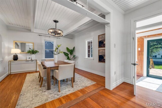 2733 Hermitage Ave, Saint Louis, MO 63143 - dining room featuring a chandelier, wood finished floors, a wooden ceiling with exposed beams, and crown molding
