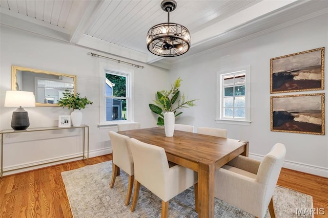 2733 Hermitage Ave, Saint Louis, MO 63143 - dining area featuring a chandelier, plenty of natural light, wood finished floors, crown molding, and wooden ceiling