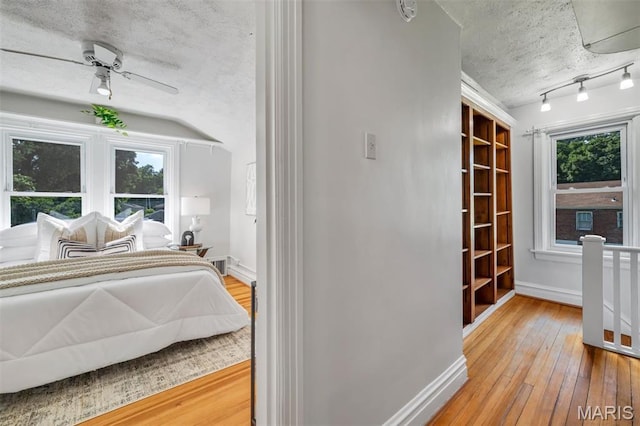 2733 Hermitage Ave, Saint Louis, MO 63143 - bedroom featuring a textured ceiling, light wood-type flooring, ceiling fan, and vaulted ceiling