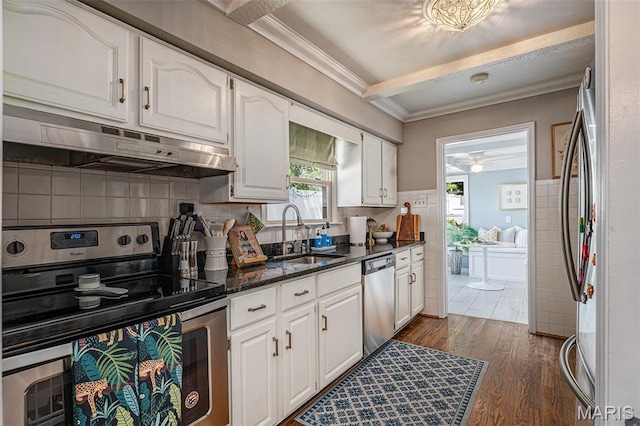 107 Huntleigh Dr, Kirkwood, MO 63122 - kitchen with stainless steel appliances, under cabinet range hood, white cabinetry, ceiling fan, and dark wood-style floors