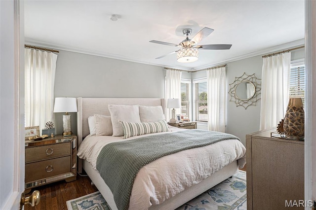 107 Huntleigh Dr, Kirkwood, MO 63122 - bedroom featuring dark wood finished floors, crown molding, and ceiling fan