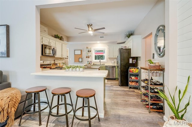 116 N Washington St, Troy, IL 62294 - kitchen featuring stainless steel appliances, a peninsula, ceiling fan, light wood-type flooring, and a breakfast bar area